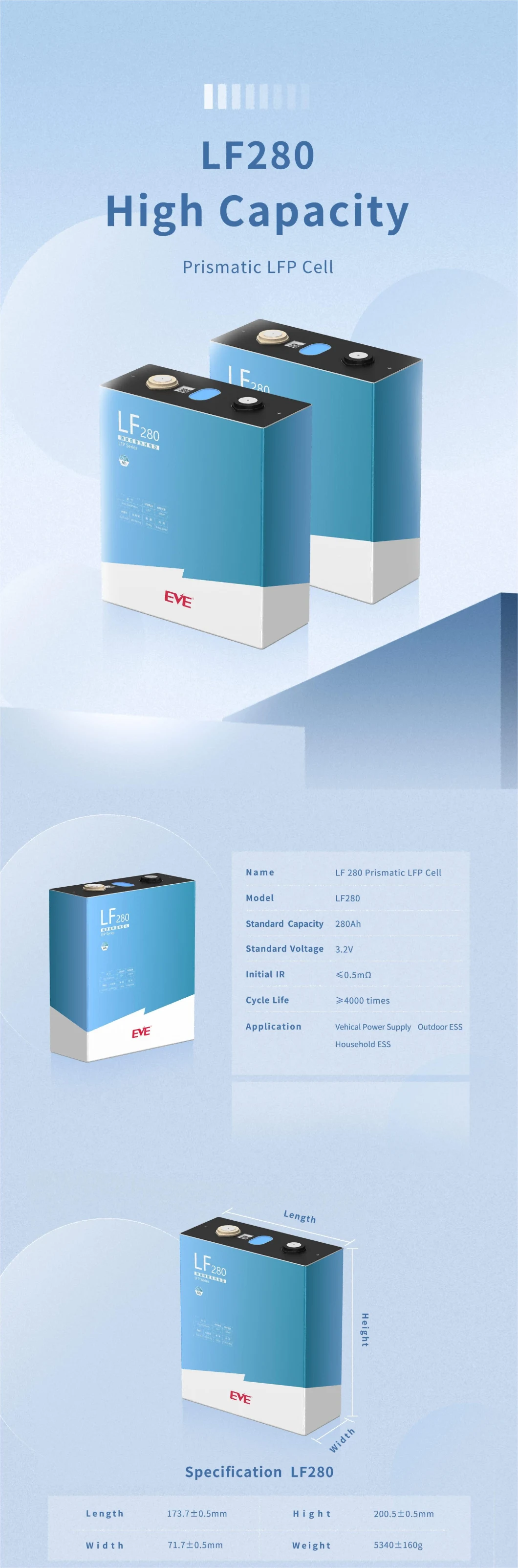 Solar battery EVE LiFePO4 prismatic Cell 3.2V280Ah LF280K for Energy Storge Forklift Marine and electric vehicles with 6000 cycles